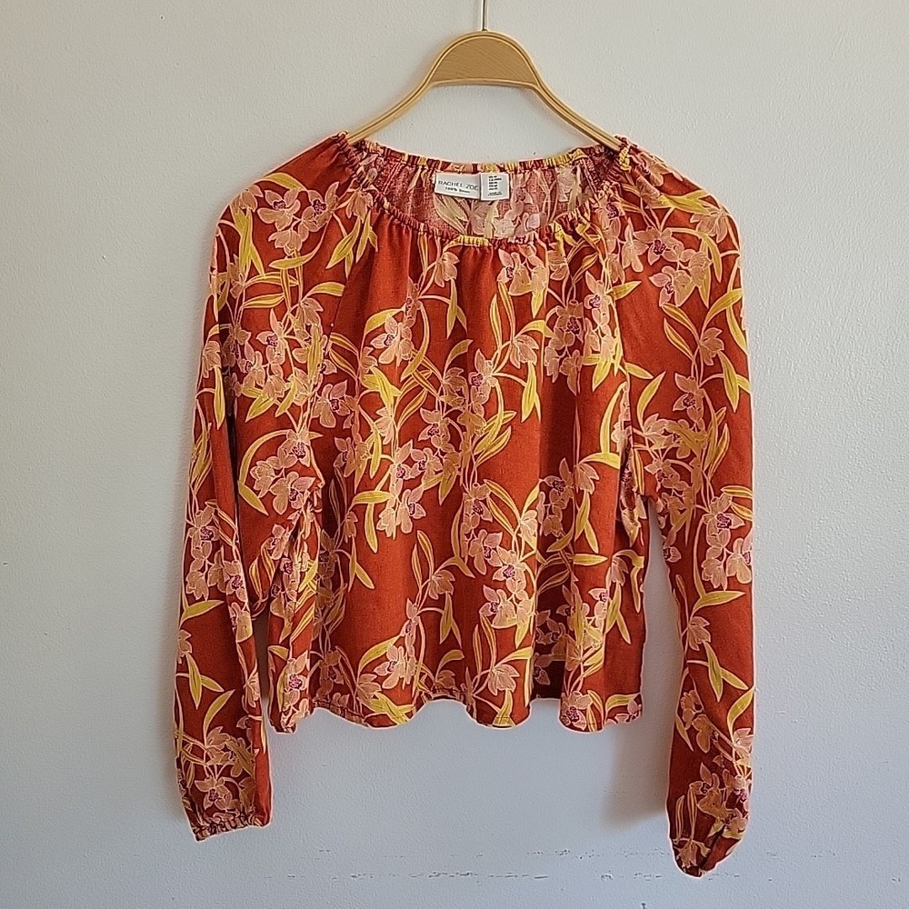 Rachel Zoe Linen Blouse Medium Tropical Floral Shirred Neck Boho Chic Resort